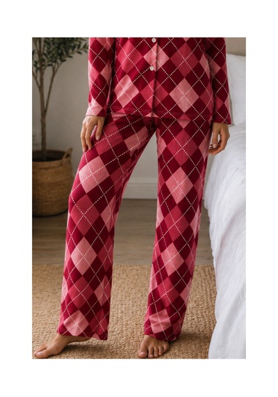 Fit Women Kadın Örme Gömlek Yaka Kırmızı Pijama Takımı