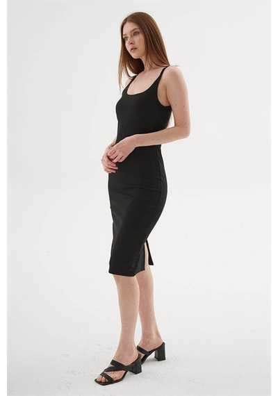 Fashion Friends Kare Yaka Midi Siyah Kadın Elbise 26y0299k1