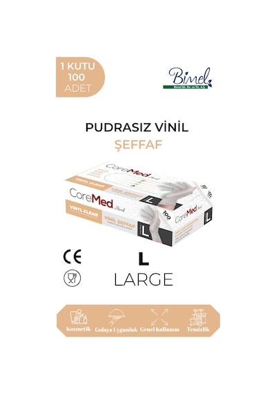 Vinil Şeffaf Pudrasız Muayene Eldiveni L - 1 Paket 100'lü