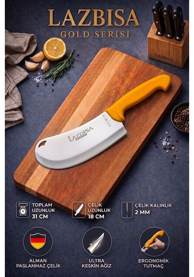 Lazbisa Mft-012 Gold Serisi Pide Börek Mutfak Bıçağı Salata Pizza Bıçak Kıyma Satırı Doğrama 2 Li Set Sarı