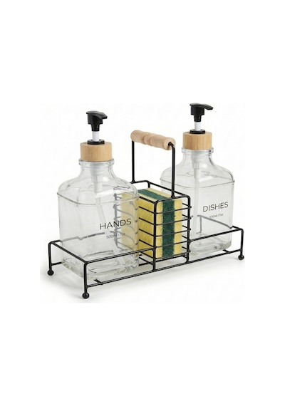 Makri Home Lüks Bambu Kulplu Siyah Metal Stantlı İkili Cam Sıvı Sabunluk 500 Ml, 23x9x23,5 Cm