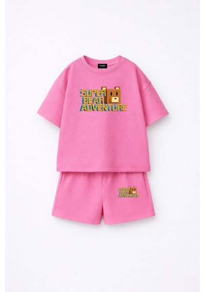 Fasardi Super Bear Adventure Süper Ayı Baskılı Oversize %100 Pamuk Tişört Şort 2li Çocuk Takım Açık Pembe