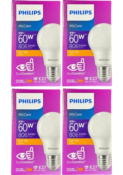 Philips 8w 60w 2700k Sarı Işık E27 Duylu Klasik Led Ampul 4 Adet