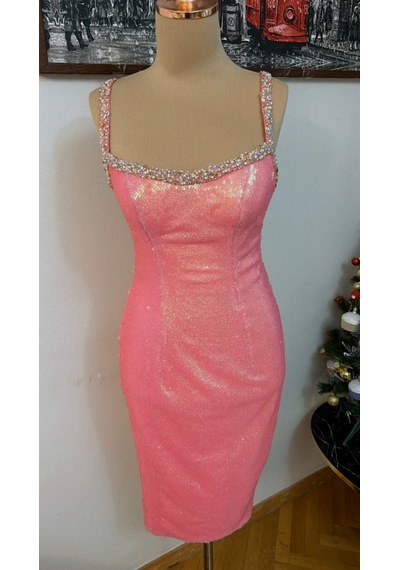 Chica Rosa Fashion Swarowski Taş, İnci Ve Boncuk İşlemeli Pembe Elbise Pearl