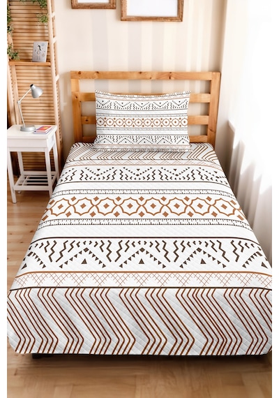 Kahverengi Geometrik Bohem Tek Kişilik Dekoratif Pike Takımı - Beyaz Etnik 160x220 Cm Yatak Örtüsü Kumlu Misk İzi