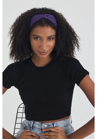 Butikgiz Siyah Kısa Kol Bisiklet Yaka Vücuda Oturan Kaşkorse Crop + Bandana Set %100 Pamumklu, Esnek Rahat Siyah-mor