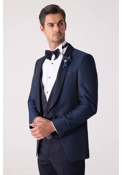 Ysf Erkek Lacivert Yelekli Slim Fit Damatlık
