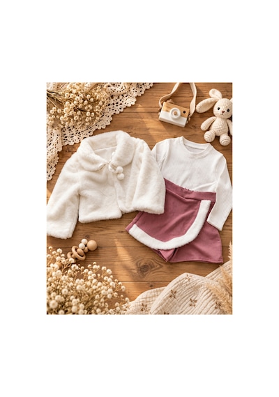 Omeca Concept Kız Çocuk 3'lü Kürklü Takım Peluş Ceket, Fitilli Bluz Ve Şort Etek Pembe Omeca Concept Kız Çocuk 3'lü Kürklü Takım Peluş Ceket, Fitilli Bluz Ve Şort Etek Pembe