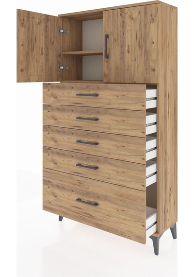 Arges Dolap 2 Raflı 5 Çekmeceli 2 Kapaklı 88x30x163 Çam-çam Çam