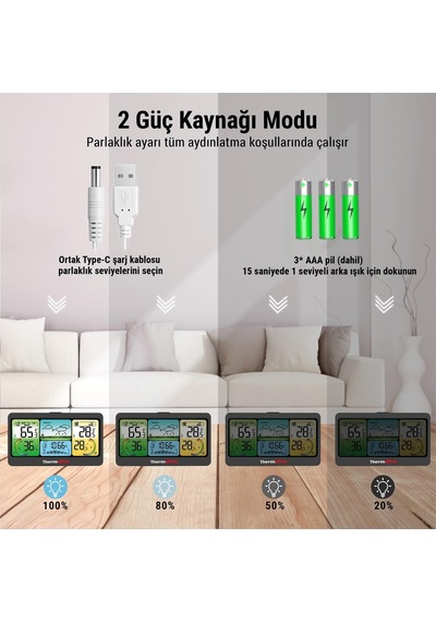 Thermopro Tp280b 7" Wi-fi İç Ve Dış Mekan Dijital Sıcaklık, Nem, Basınç Ölçer Ve Hava Tahmin İstasyonu