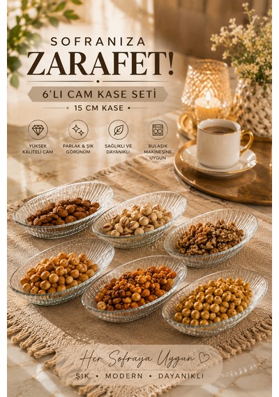 Porsima Viko 4473 6'lı Oval Cam Kase Seti 15 Cm Çerezlik, Reçellik, Kahvaltılık Ve Sosluk