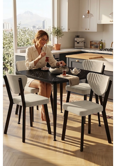 Estro Serisi Mdf Sabit 90x90 Siyah Mermer Desen Mutfak Masası Takımı 4 Adet Sandalye Siyah Mermer - Krem Estro Serisi Mdf Sabit 90x90 Siyah Mermer Desen Mutfak Masası Takımı 4 Adet Sandalye Siyah Mermer - Krem