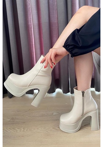 Kadın Krem 12 Cm Platform Topuklu Fermuarlı Bot Krem