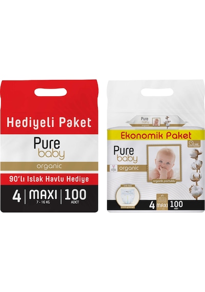 Purebaby Cırtlı Bez 4 Numara Maxi 100 Adet + Islak Havlu