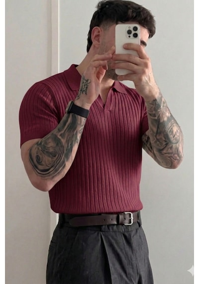 Tarz Cool Premium Fitilli Triko Polo Yaka Erkek Old Money T-shirt Bordo