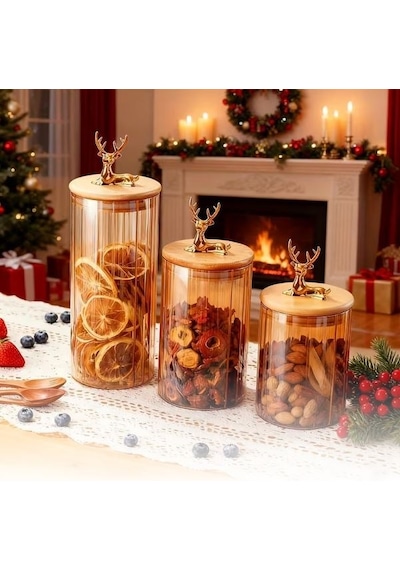 Morponi Borosilikat Cam Geyik Başlıklı Bambu Kapaklı Cam Kavanoz Seti 500-750-1000-1200 Ml Amber Şeffaf