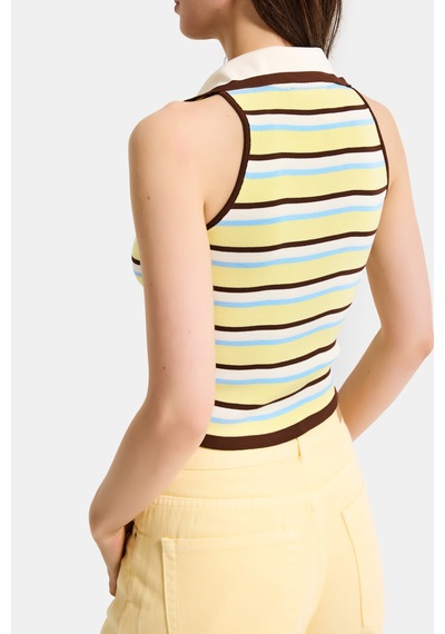 Kadın Sarı Çizgili S6-108 Crop Fit Polo Yaka İnce Yazlık Triko Body
