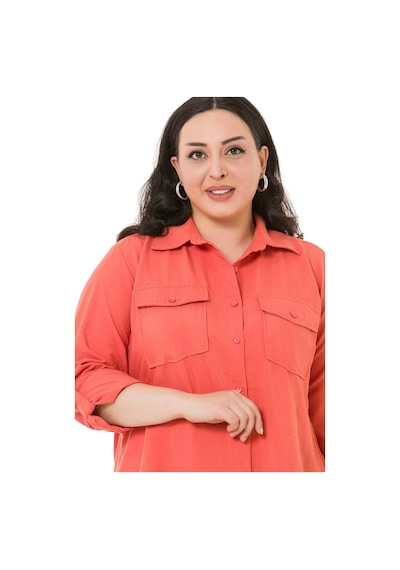 Disentis Kadın Büyük Beden Yaka Göğüsten Çift Cepli Kiremit Rengi Gömlek