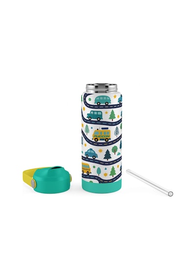 Puccon 540 Ml Araba Ve Yol Desenli Yeşil - Beyaz Erkek Çocuk Pipetli Çelik Termos Matara/suluk - 60054
