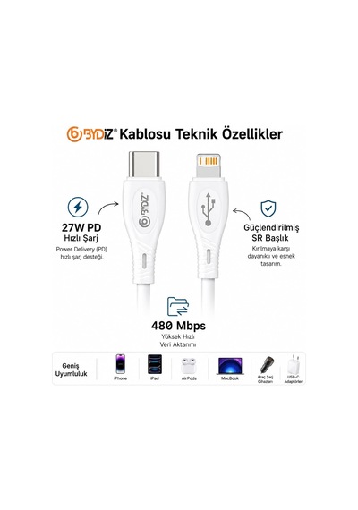 Bydiz İphone Usb-c To Lightning Hızlı Şarj Kablosu Type-c Pd Destekli 14/13/12/11 Pro Max Xs Max Xr X Airpods Pro Uyumlu - Yeni Nesil Akıllı Çip İos Uyumlu