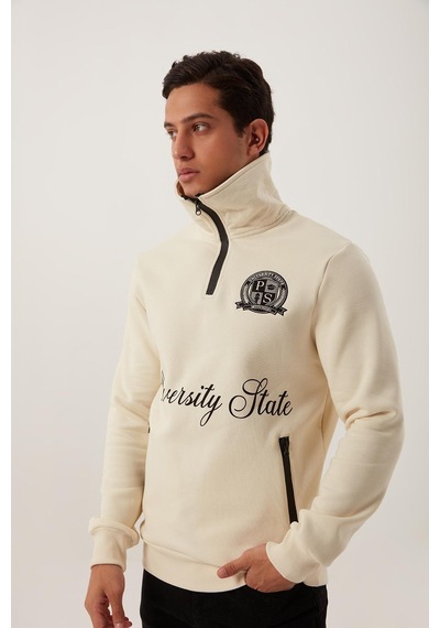 Polostate Erkek Dik Yaka 3 İplik Sweatshirt Ekru