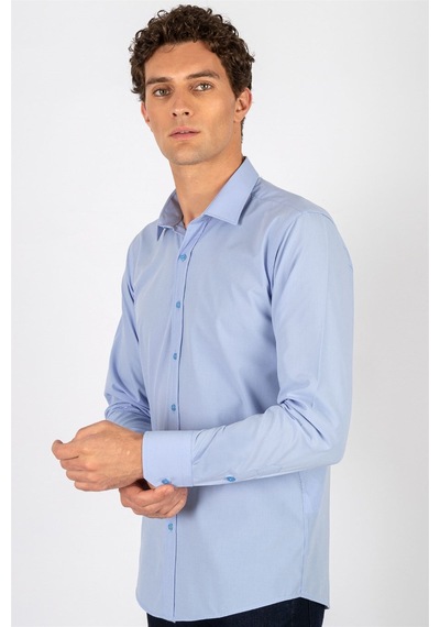 Tudors Modern Slim Fit Poplin Pamuk Efekt Erkek Gömlek-23061 Mavi