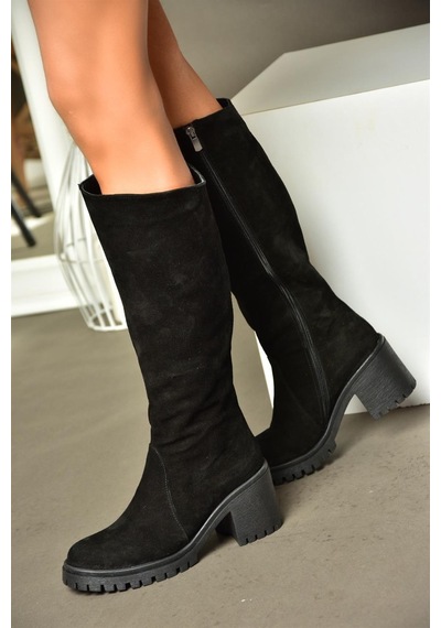 Fox Shoes R654047702 Siyah Hakiki Deri Süet Kalın Topuklu Kadın Çizme Siyah