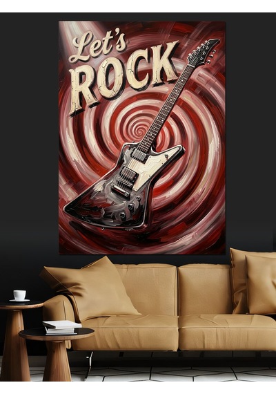 Let's Rock Yazılı Gitar Ve Girdap Dekoratif Kanvas - Mdf Ahşap Tablo