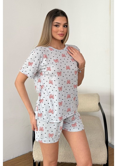 Giysa Kadın Bisiklet Yaka Fiyonk Desenli Şortlu Pijama Takımı Gri - 26y 2054