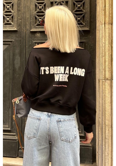 Siyah Kayık Yaka Baskılı Kadın Sweatshirt Mg2205