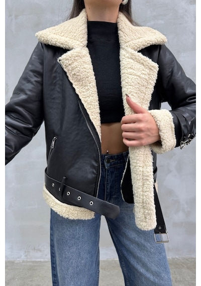 Msm Fashion Kadın İçi Beyaz Kürklü Siyah Kısa Biker Deri Ceket Mont Siyah