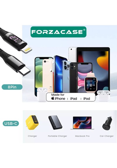 Forzacase FC897 Type-C To Lightning Örgülü Led Ekran 27 W PD Hızlı Şarj Kablosu 1 M