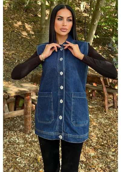 WeShaya Mavi Denim Kolsuz, Düğmeli, Geniş Cepli Uzun Kot Yelek Mavi