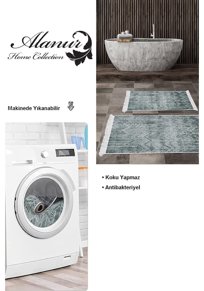 Dekoreko Kaymaz Taban Djt 2 Li Banyo Paspas Takımı Star Pamuk Saçaklı Iskandinav F5083 Yeşil