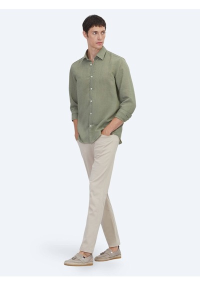 Kip Yeşil Çizgili Regular Fit Dokuma Casual Gömlek