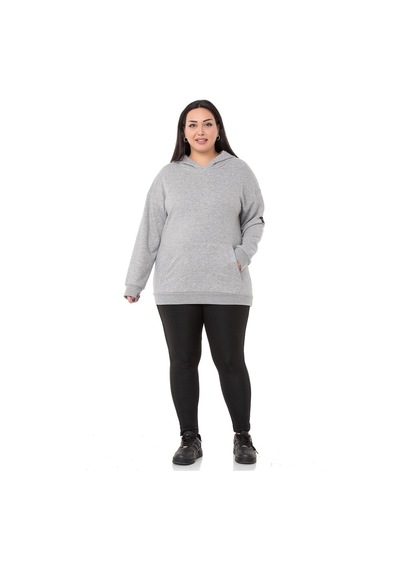 Büyük Beden Sırtında Yazı Detaylı Kapüşonlu Kanguru Cepli Üç İplik Gri Melanj Sweatshirt-gri Melanj Gri Melanj