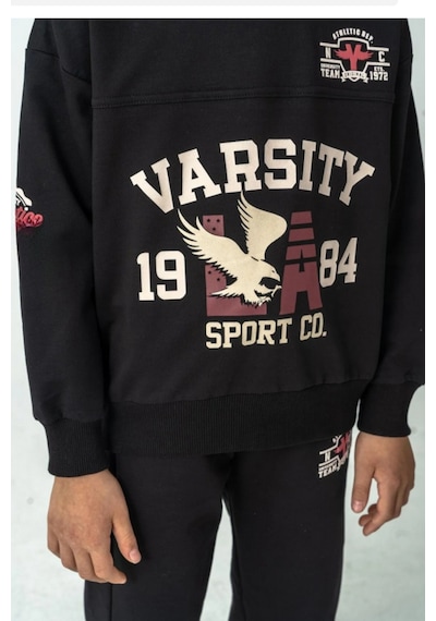 Ahengim Erkek Çocuk Varsity Baskılı Alt Üst Eşofman Takımı Ak7959 Siyah