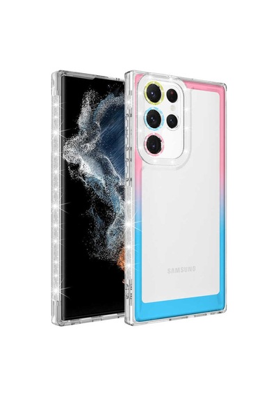 Galaxy S22 Ultra Uyumlu Simli Ve Renk Geçiş Tasarımlı Lens Korumalı Zore Park Kapak-pembe-mavi