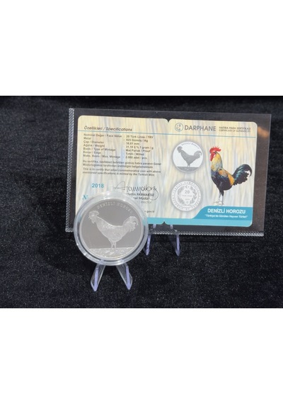 2018 Denizli Horozu 20 Türk Lirası 925 Ayar Gümüş Proof Sertifikalı