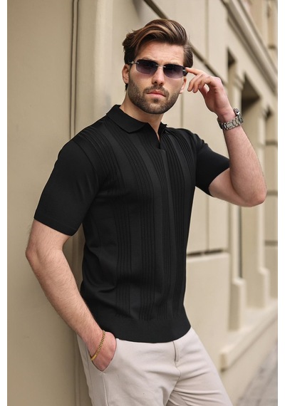 Madmext Siyah Polo Yaka Triko Erkek Tişört E7469 Siyah