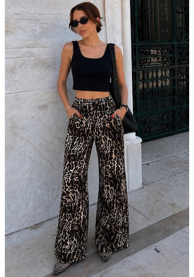Madmext Koyu Siyah Ayarlanabilir Bel Leopar Desenli Bol Paça Pantolon Mg2095