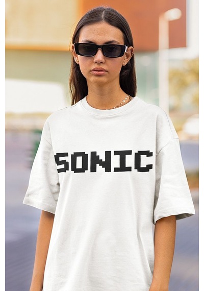 Sonic Çizgi Film Baskılı Unisex Oversize Tişört Beyaz