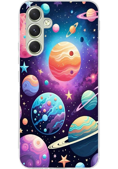 Samsung Galaxy A15 Uyumlu Uzay, Gezegen Ve Yıldız Desenli Baskılı Silikon Kılıf Renkli