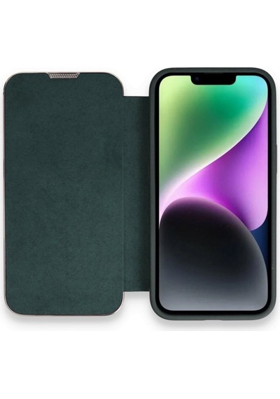 Apple Uyumlu iPhone 14 Pro Max Kapaklı Kılıf Parmak Izi Bırakmaz Dışı Deri Içi Süet Tasarım Koyu Yeşil