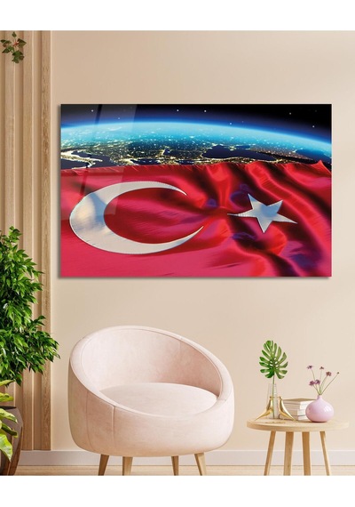 Soyut Türk Bayrağı Cam Tablo Modern Ofis Makam Odası Hediyelik Büyük Tablo Duvar Dekoru