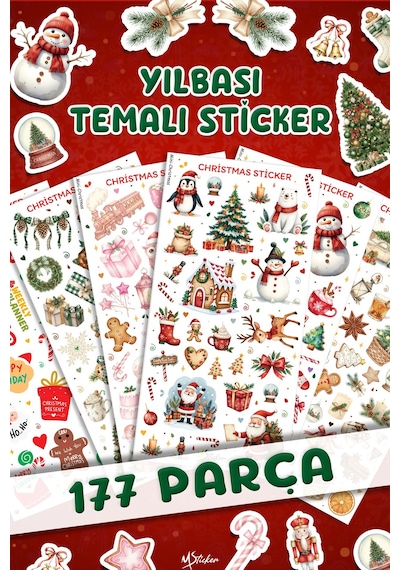 177 Parça Yılbaşı Temalı Sticker Seti - Kalem Suluk Defter Cam Masa Laptop Tablet Sticker Yeni Yıl Çok Renkli