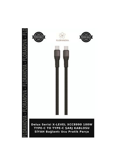 Delux Serisi X-level Xcc8990 100w Type-c To Type-c Şarj Kablosu Siyah Bağlantı Ucu Pratik Parça