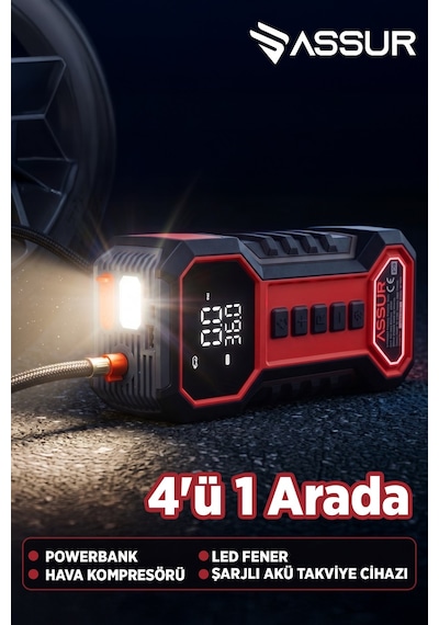 16.000 Mah Taşıma Çantalı Akü Takviye Cihazı Hava Kompresörü Powerbank Led Işık -3250