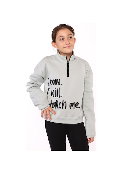 Toontoy Kız Çocuk Dik Yaka Fermuarlı Baskılı Sweatshirt Yeşil