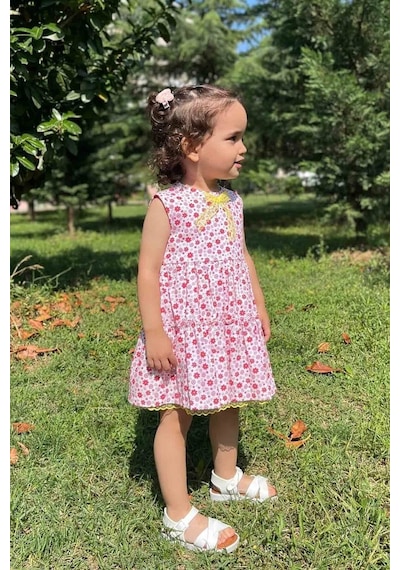 Dantel Kurdele Detaylı Kolsuz Çiçekli Kız Çocuk Bebek Elbise 001